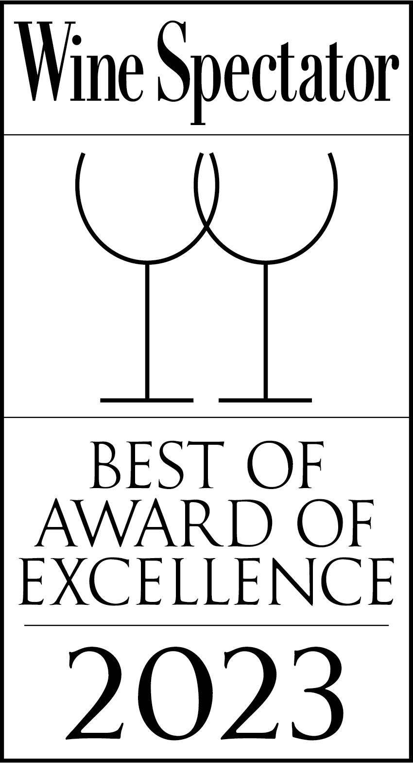 A logo featuring the text 'Wine Spectator Best of Award of Excellence 2023' with two wine glasses.