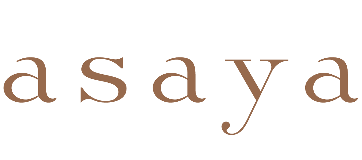 Minimalist copper-colored Asaya logo in elegant serif lowercase font style.